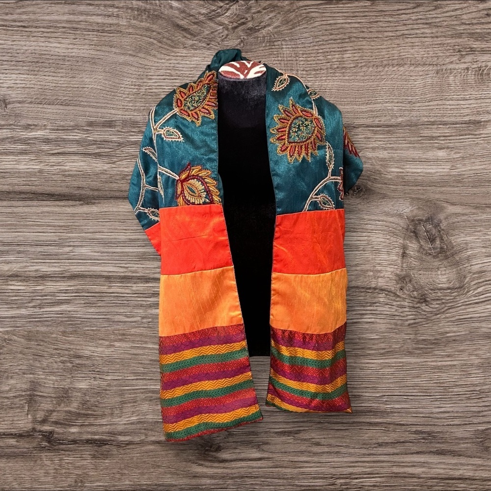 Bohemian Shawl Scarf Wrap Floral Stripe Embroidered Multicolored